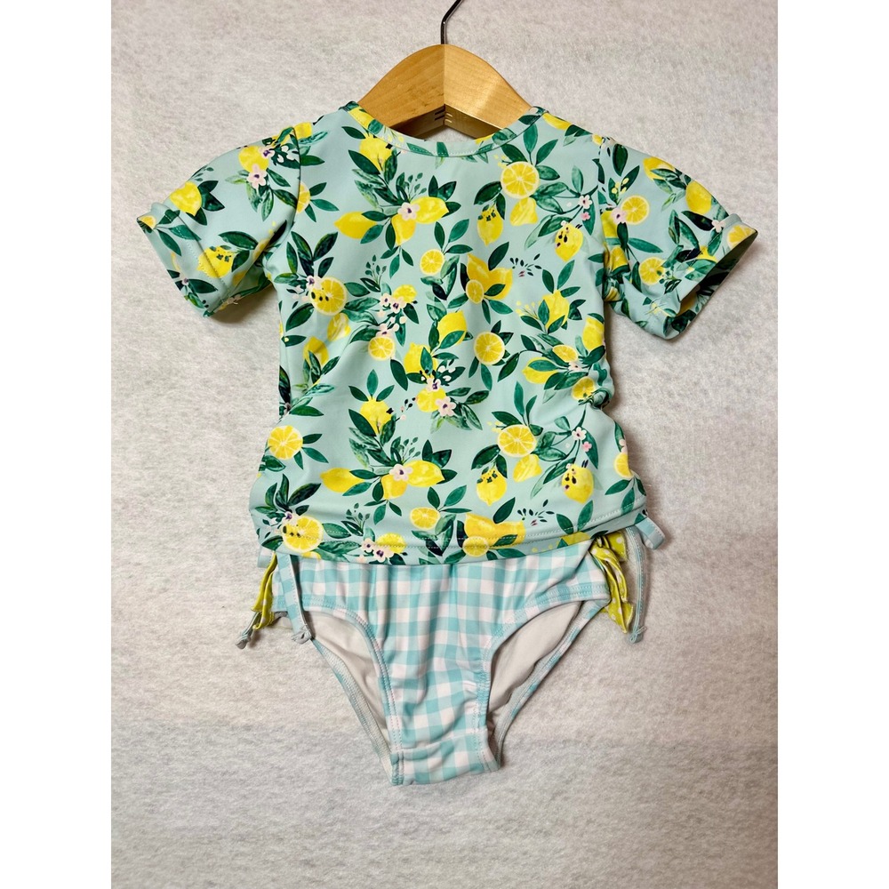 Oopsie Daisy Girls Lemon Print Rash Guard Gingham Ruffle Swimsuit Set Size 2